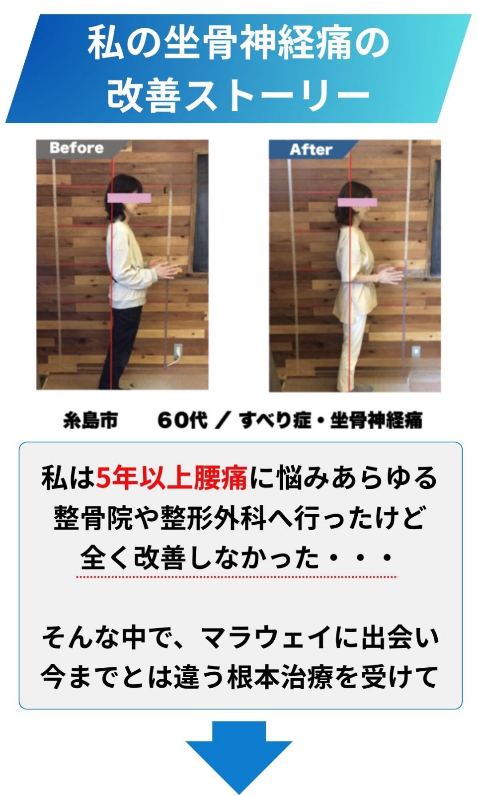 糸島市 60代/すべり症・坐骨神経痛 じっとしてても腰と背中が痛くて生活がままならなかったけど、今は痛みなく毎日が過ごせてます！